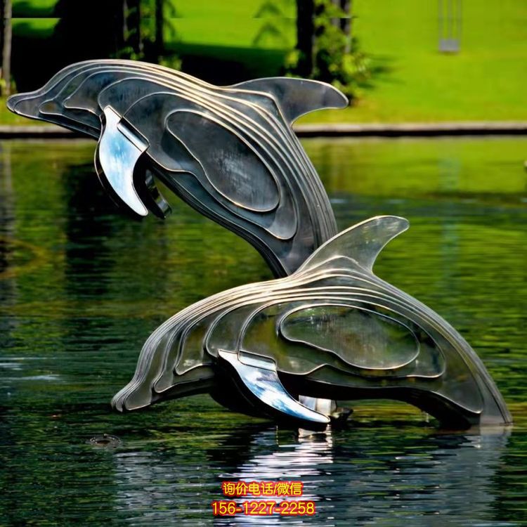不銹鋼海豚雕塑，池塘水景抽象海豚景觀動(dòng)物雕塑